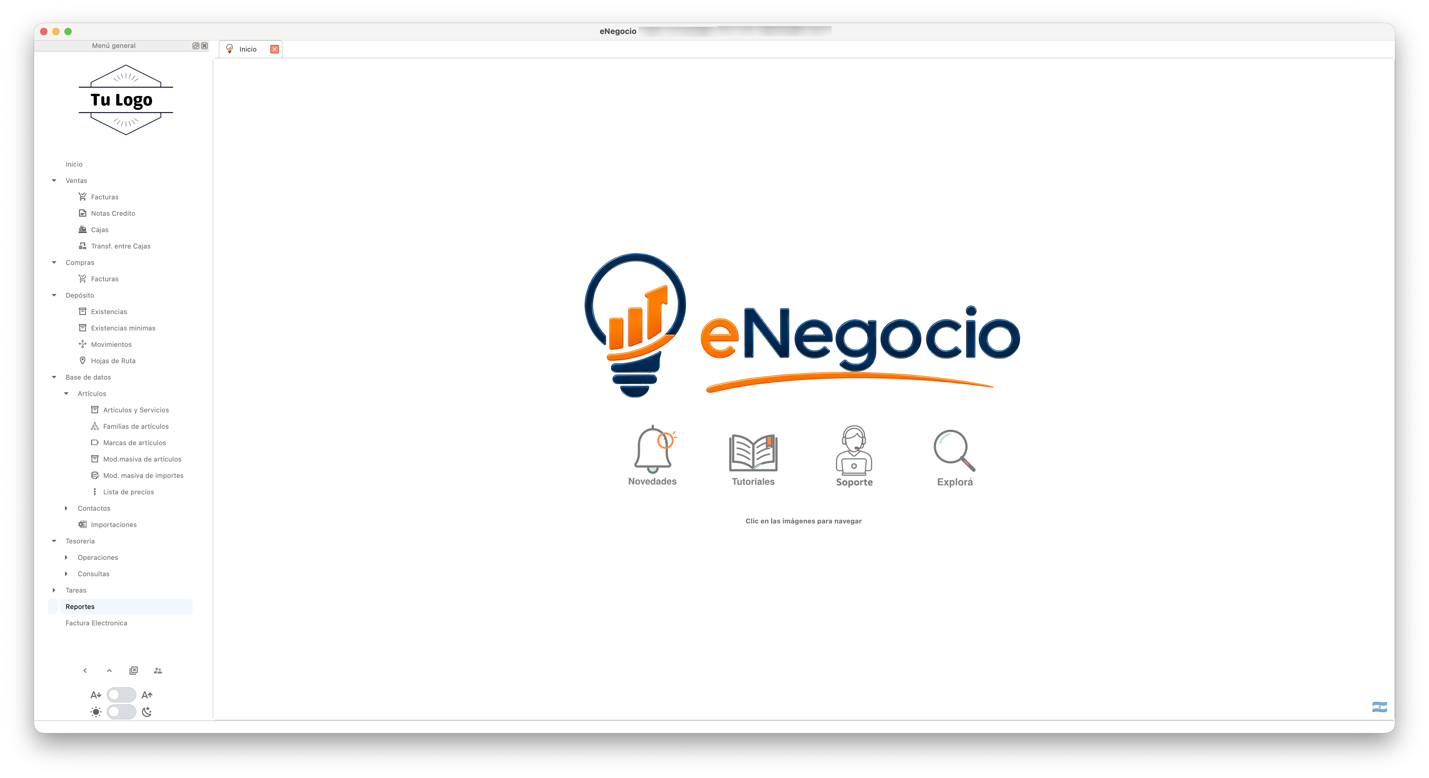 Pantalla de inicio de eNegocio de escritorio